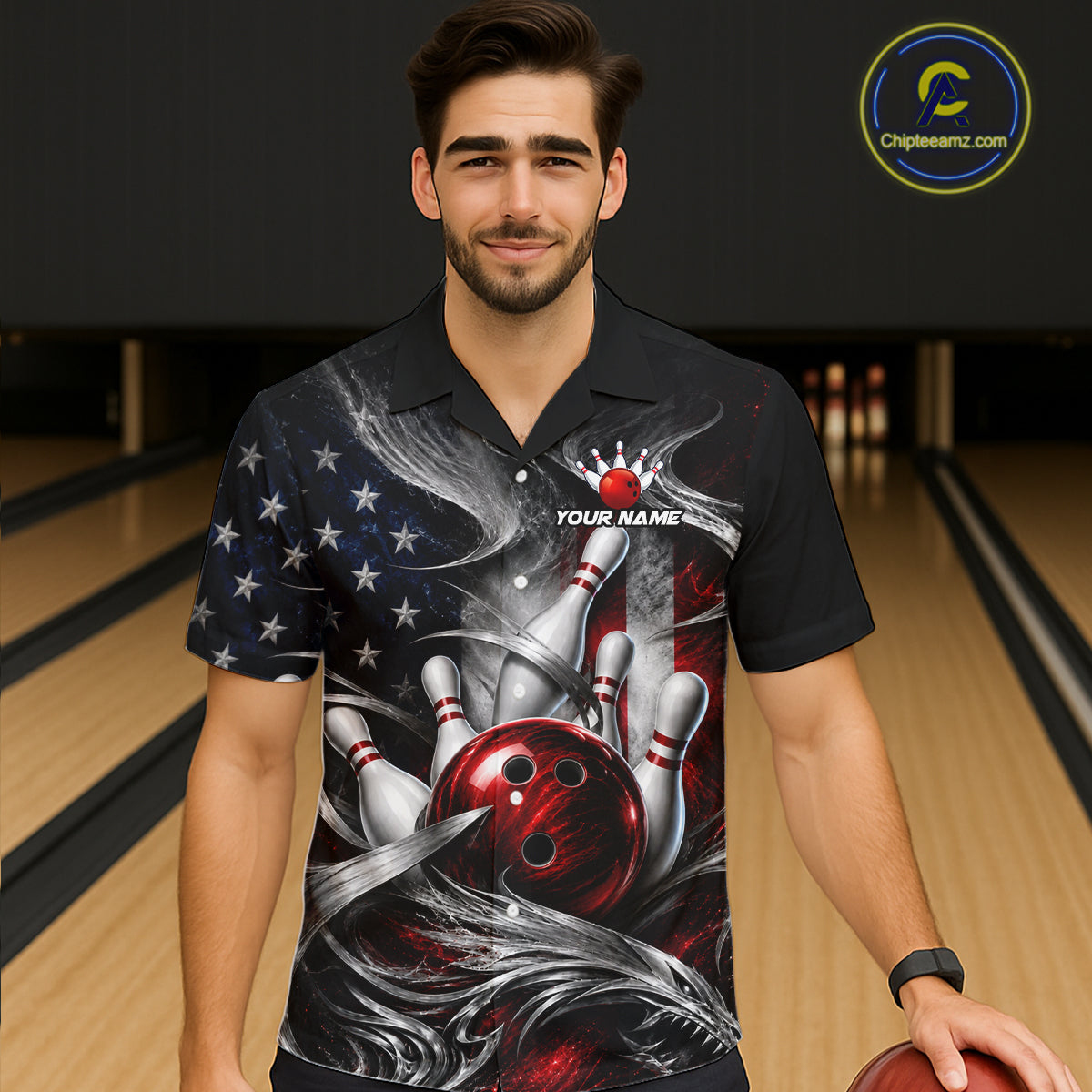 Custom Silver Smoke American Flag Hawaiian Bowling Jersey Bowling Outfit Bowling Team Shirts HNT448