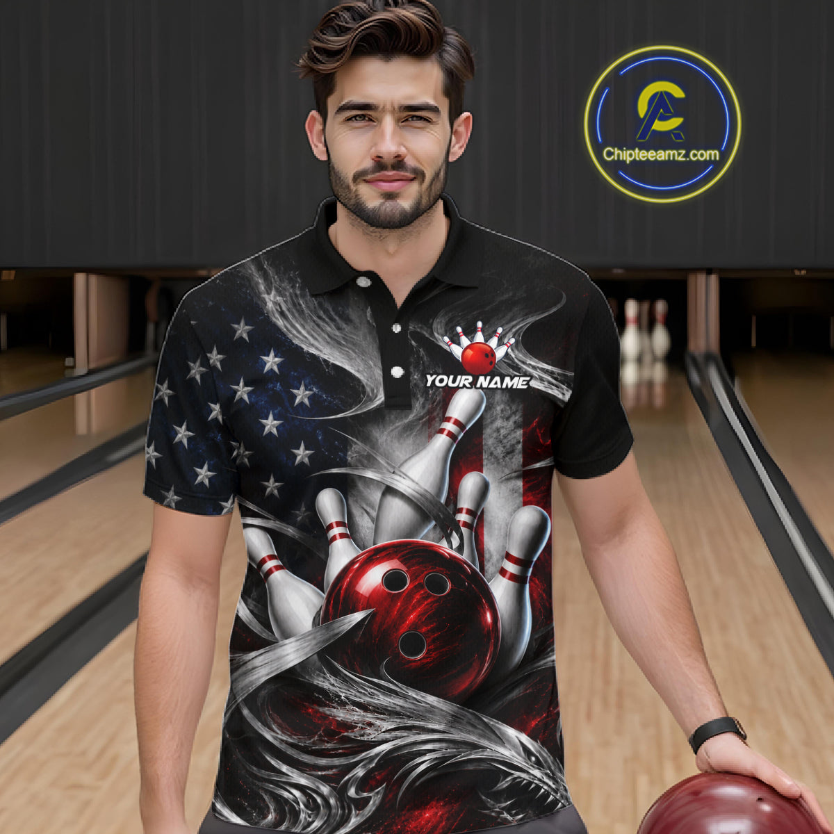 A man wearing a custom bowling-themed short-sleeve polo shirt with a graphic print of bowling pins, a red bowling ball, and an American flag pattern. The shirt has a placeholder name on the chest.