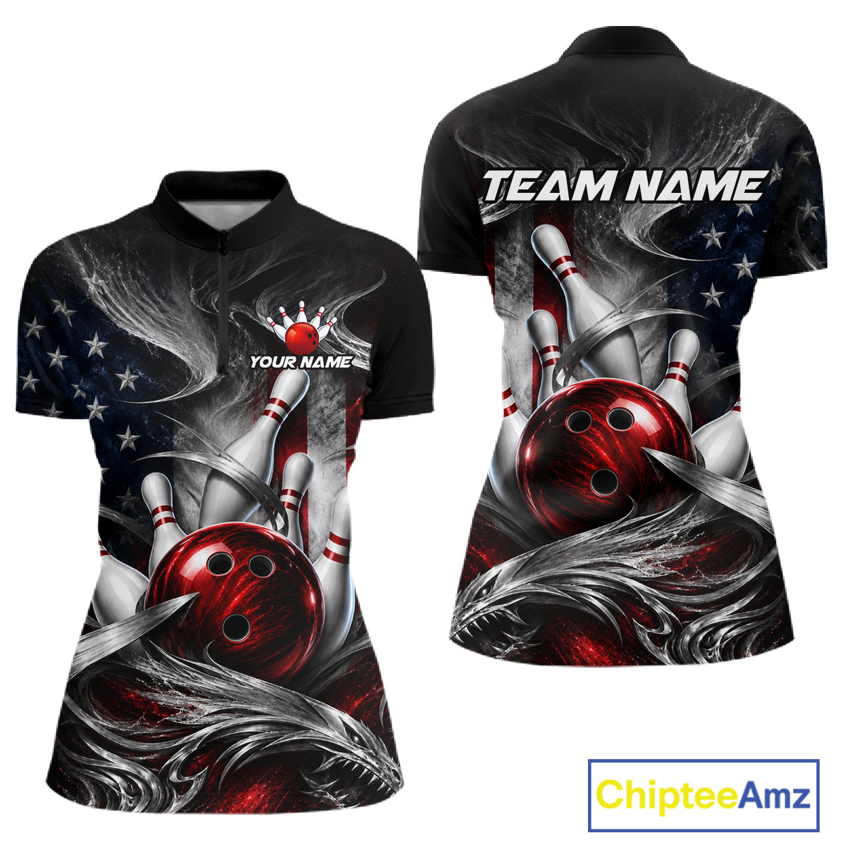 Front and back views of a customizable short-sleeve polo shirt with a bowling theme, featuring red bowling balls, pins, and an American flag design on a black background. The shirt includes placeholder text 'TEAM NAME' and 'YOUR NAME'.