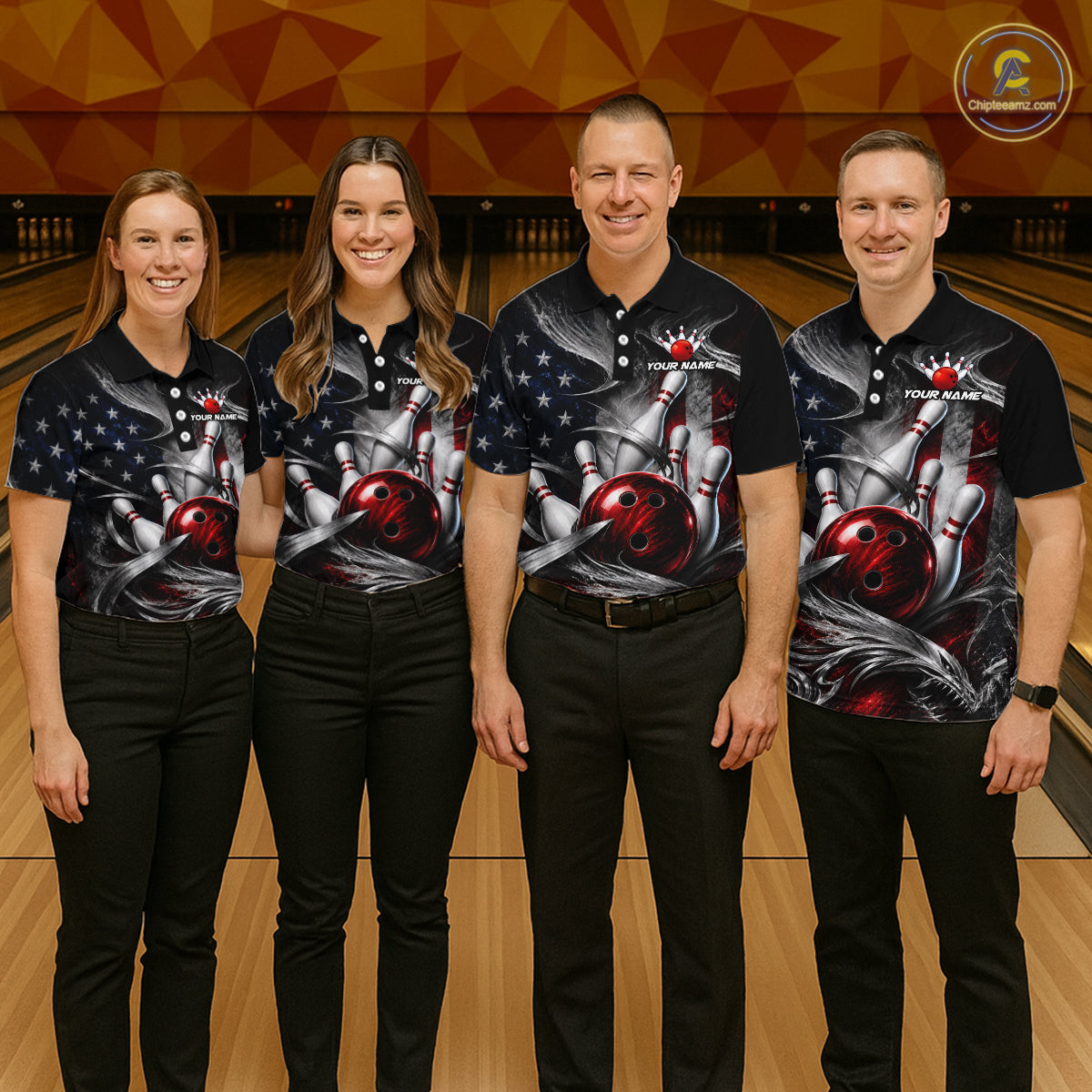 Four people standing together in a bowling alley wearing matching black short-sleeve bowling shirts with a patriotic red, white, and blue graphic design featuring bowling pins and bowling balls.