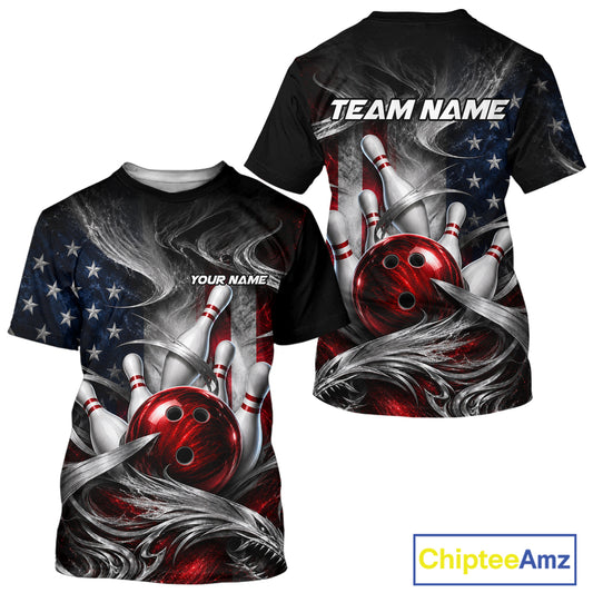 Custom Silver Smoke American Flag Bowling T-Shirt for Men Bowling Uniform Bowling Team Shirts HNT448