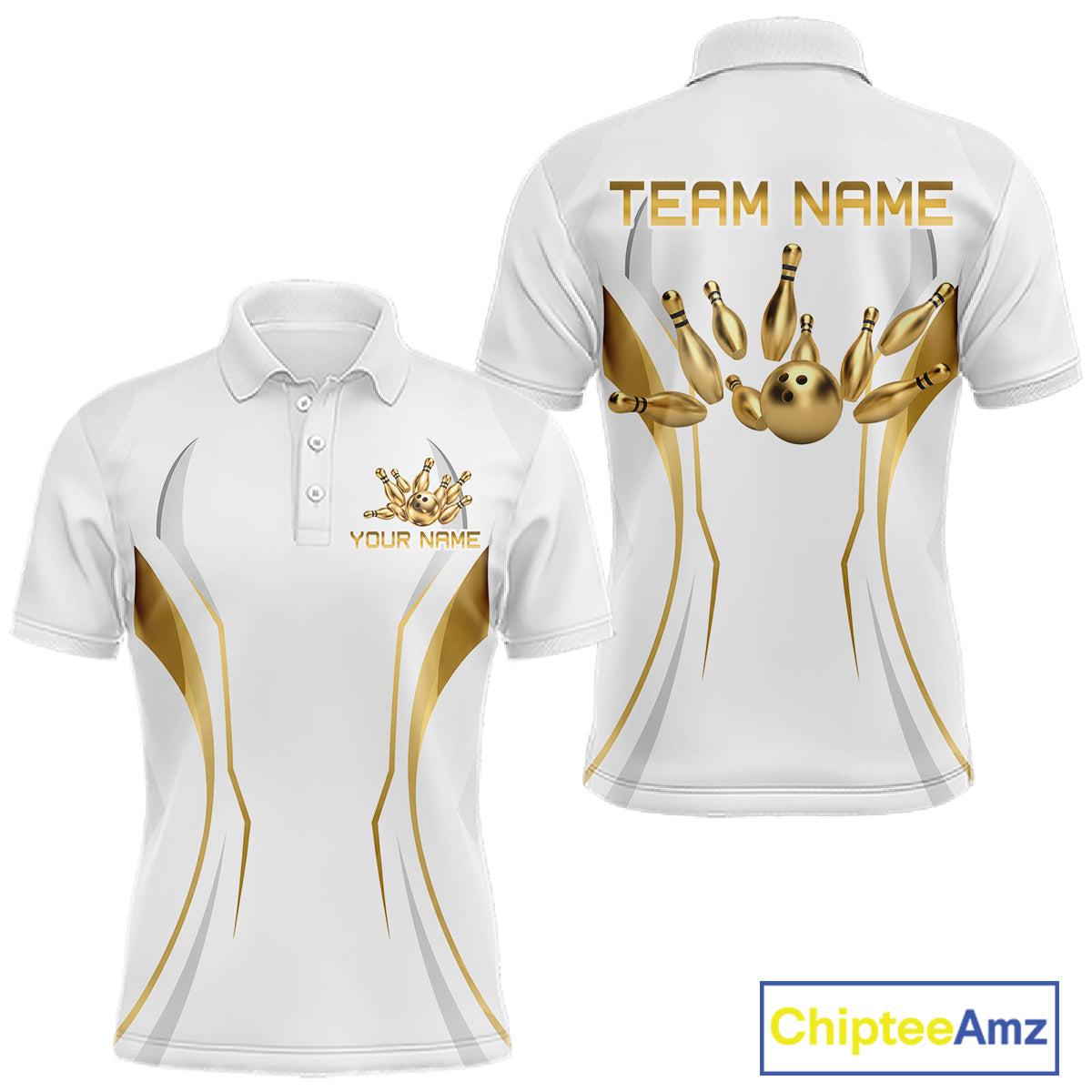 White and Gold Custom Bowling Shirts for Men Bowling Team Jersey for Bowlers Polo & 1/4 Zip HNT528