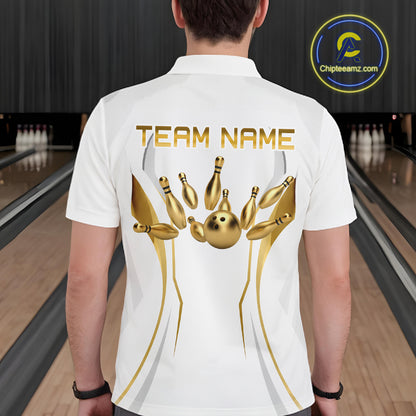 White and Gold Custom Bowling Shirts for Men Bowling Team Jersey for Bowlers Polo & 1/4 Zip HNT528