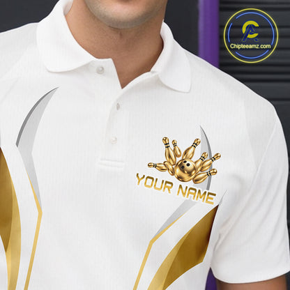 White and Gold Custom Bowling Shirts for Men Bowling Team Jersey for Bowlers Polo & 1/4 Zip HNT528