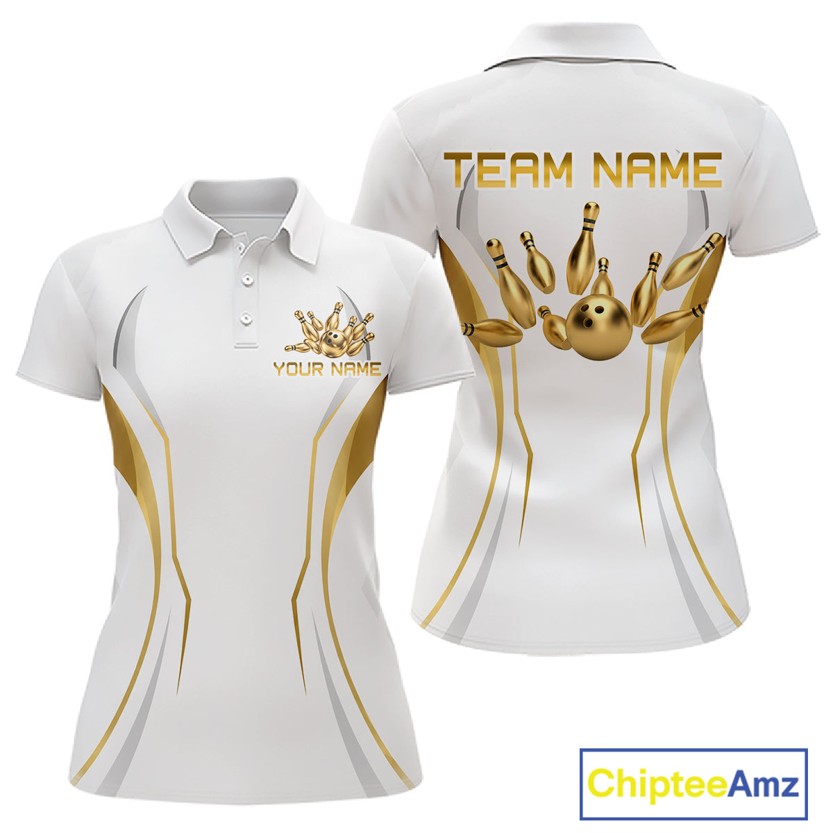 White and Gold Custom Bowling Shirts for Women Bowling Team Jersey for Bowlers Polo & 1/4 Zip HNT528