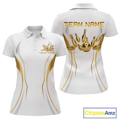 White and Gold Custom Bowling Shirts for Women Bowling Team Jersey for Bowlers Polo & 1/4 Zip HNT528
