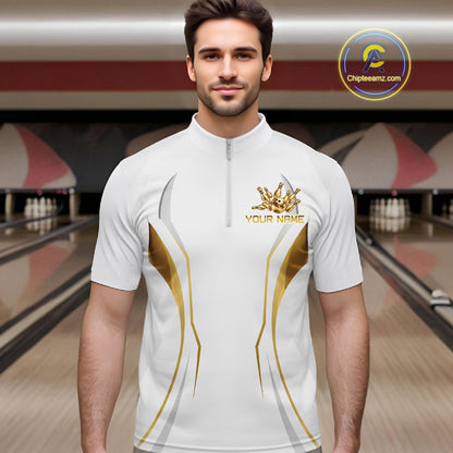 White and Gold Custom Bowling Shirts for Men Bowling Team Jersey for Bowlers Polo & 1/4 Zip HNT528
