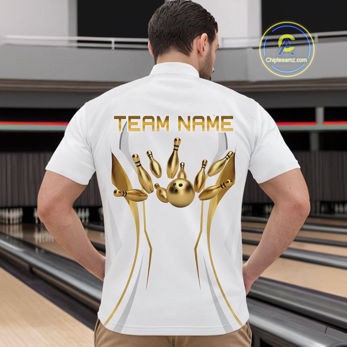 White and Gold Custom Bowling Shirts for Men Bowling Team Jersey for Bowlers Polo & 1/4 Zip HNT528