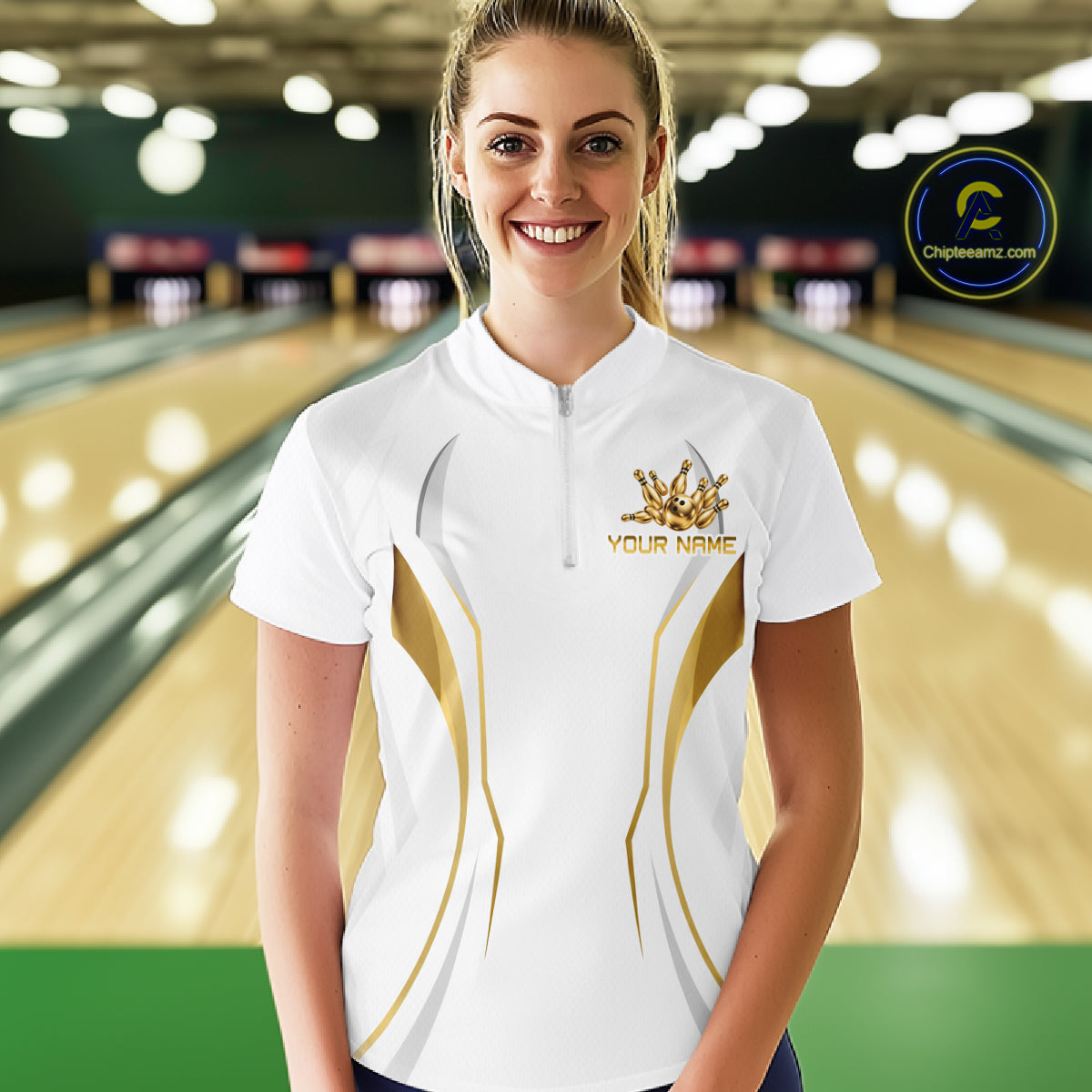 White and Gold Custom Bowling Shirts for Women Bowling Team Jersey for Bowlers Polo & 1/4 Zip HNT528