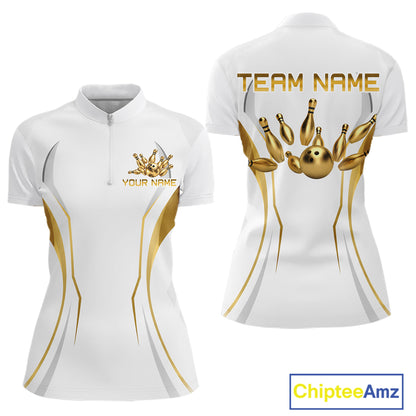 White and Gold Custom Bowling Shirts for Women Bowling Team Jersey for Bowlers Polo & 1/4 Zip HNT528