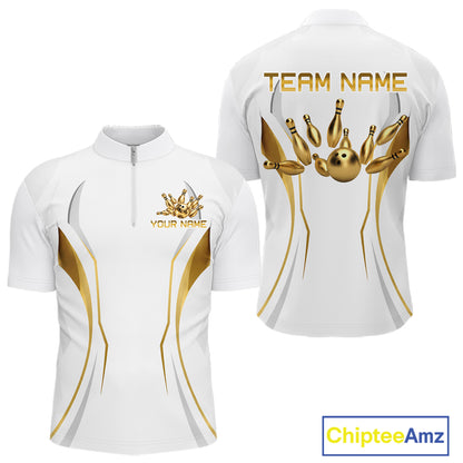 White and Gold Custom Bowling Shirts for Men Bowling Team Jersey for Bowlers Polo & 1/4 Zip HNT528