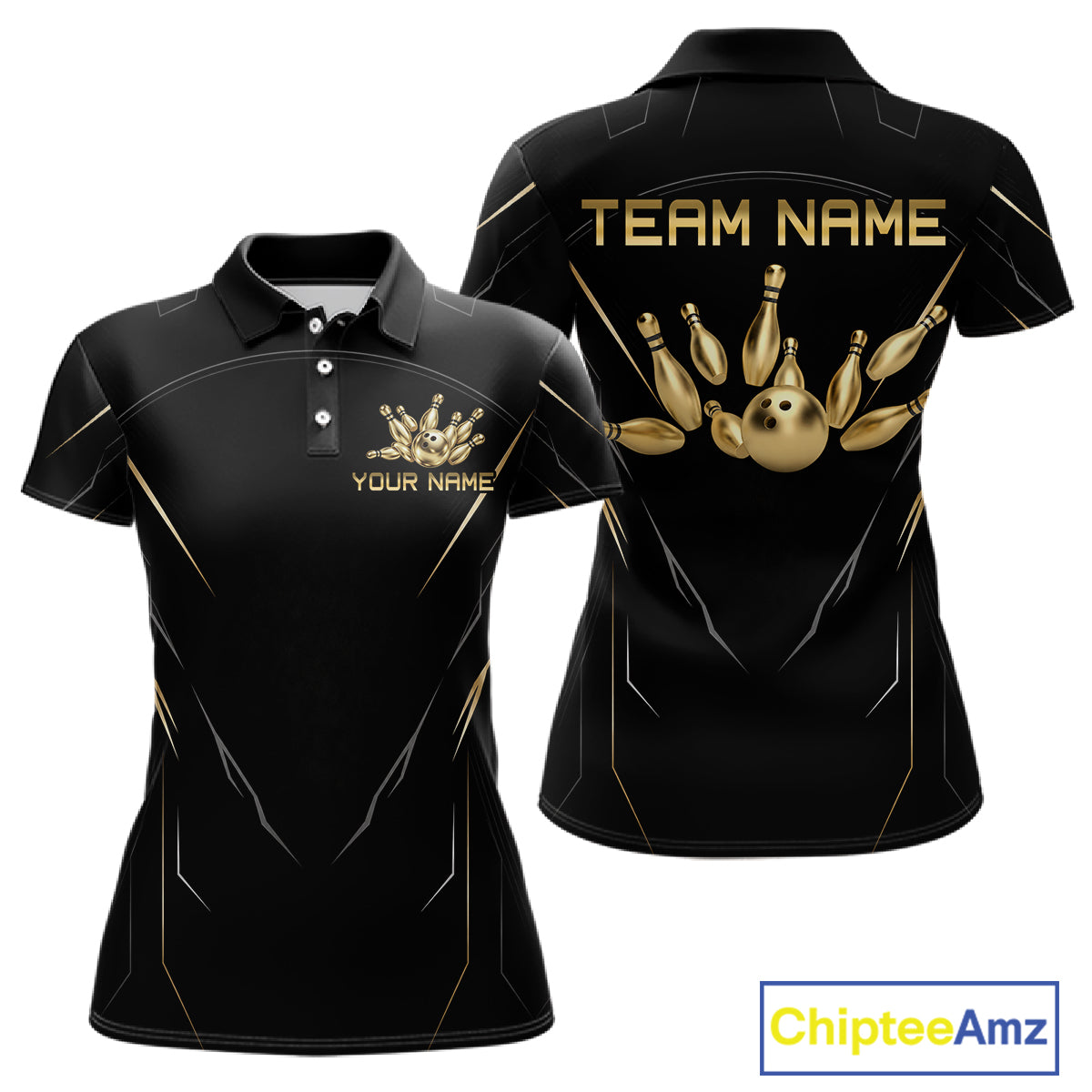 Black and Gold Bowling Shirts for Women Custom Bowling Team Jersey for Bowlers Polo & 1/4 Zip HNT529