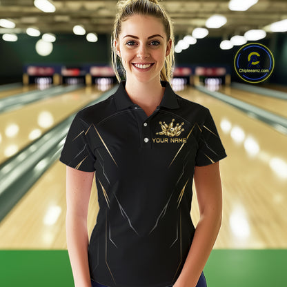 Black and Gold Bowling Shirts for Women Custom Bowling Team Jersey for Bowlers Polo & 1/4 Zip HNT529