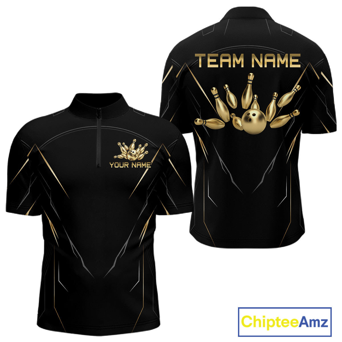 Black and Gold Bowling Shirts for Men Custom Bowling Team Jersey for Bowlers Polo & 1/4 Zip HNT529