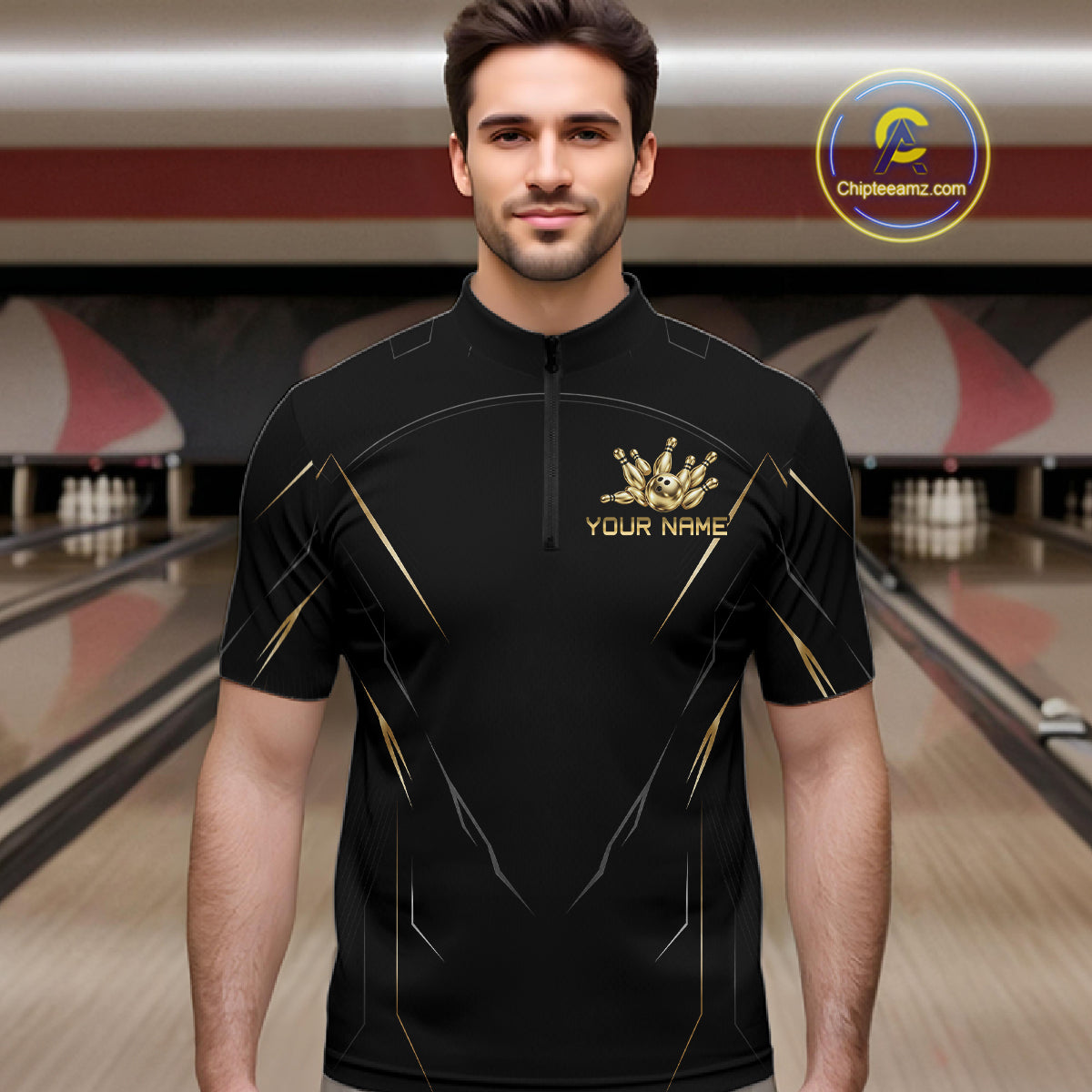 Black and Gold Bowling Shirts for Men Custom Bowling Team Jersey for Bowlers Polo & 1/4 Zip HNT529