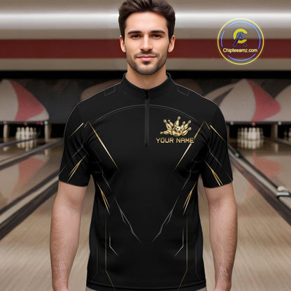 Black and Gold Bowling Shirts for Men Custom Bowling Team Jersey for Bowlers Polo & 1/4 Zip HNT529