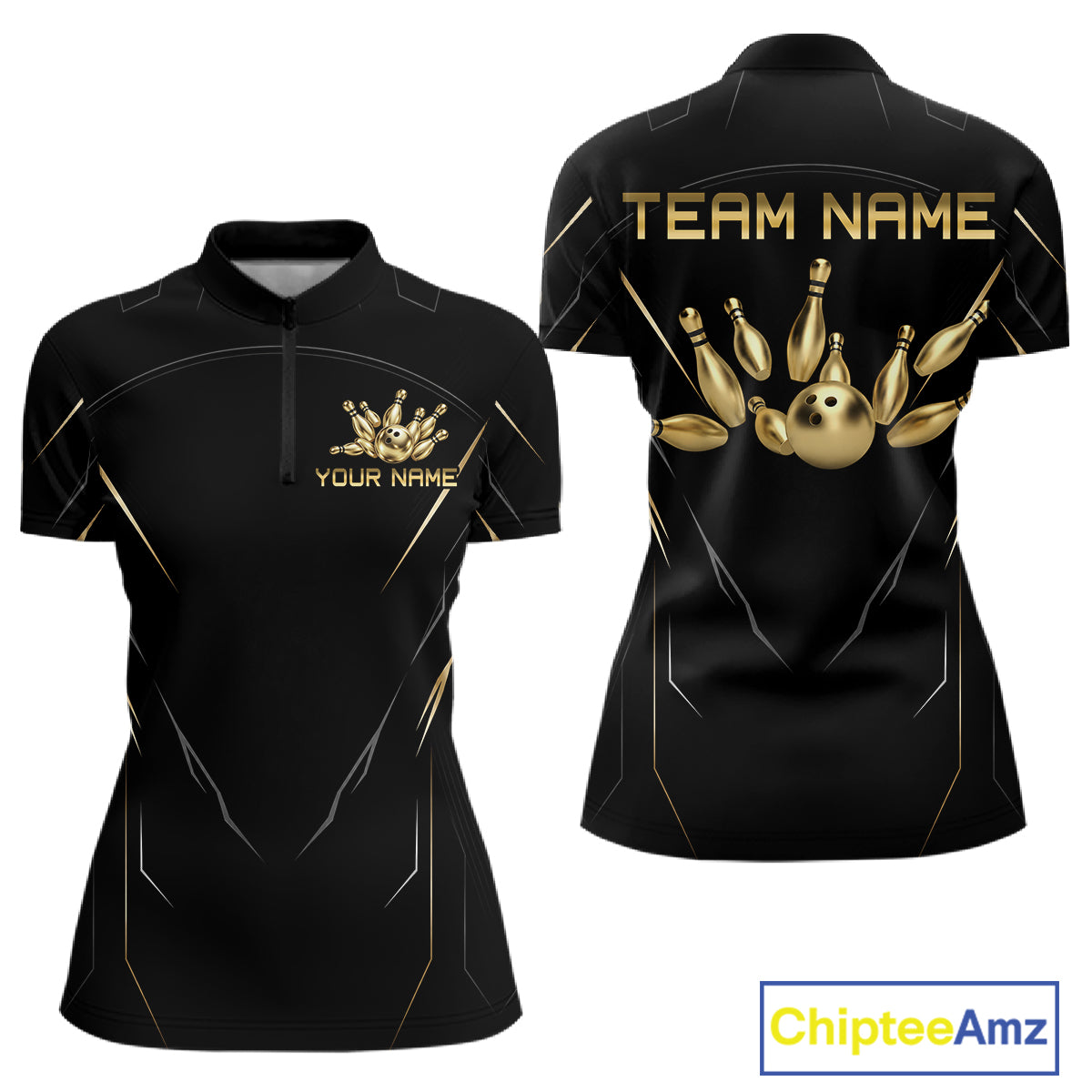 Black and Gold Bowling Shirts for Women Custom Bowling Team Jersey for Bowlers Polo & 1/4 Zip HNT529