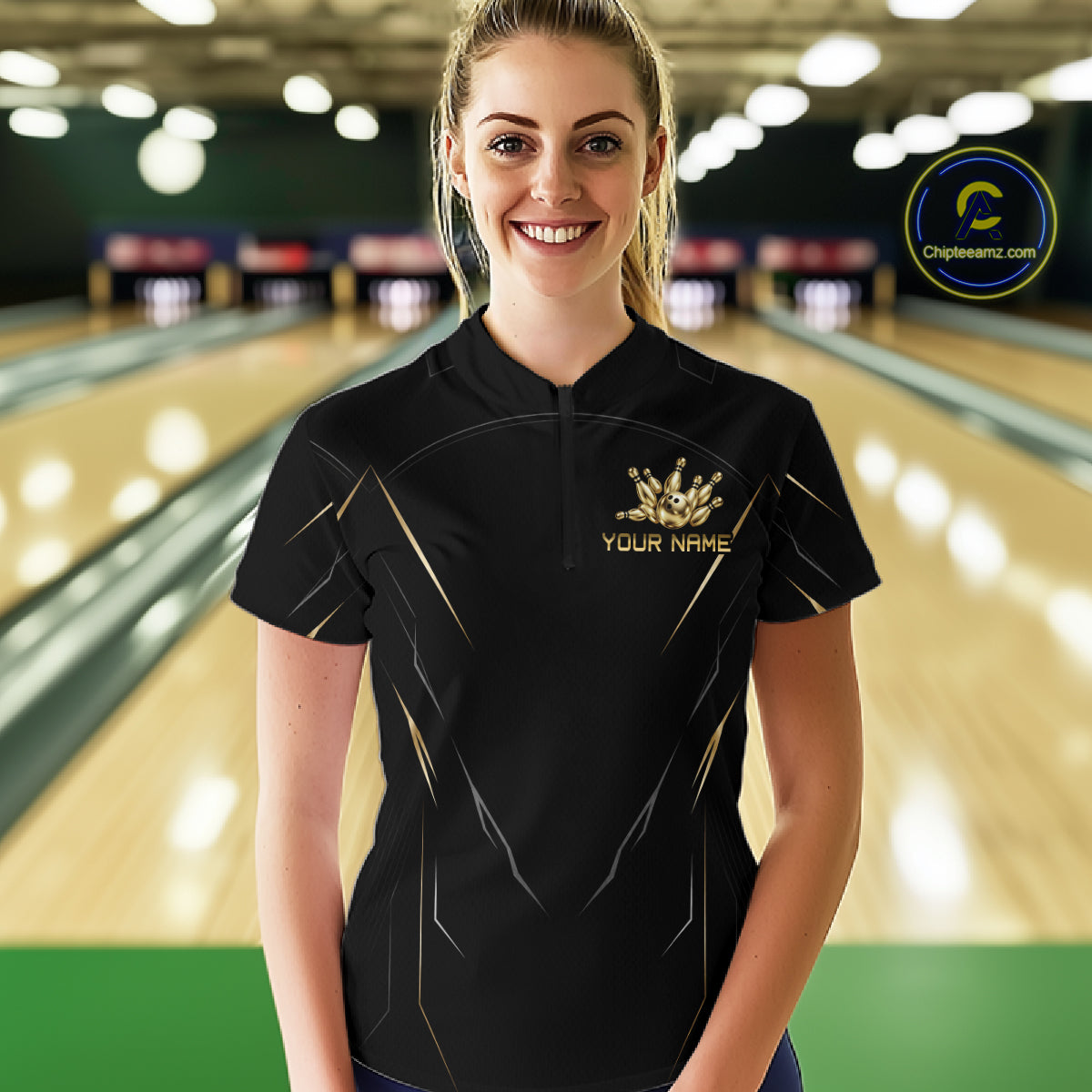 Black and Gold Bowling Shirts for Women Custom Bowling Team Jersey for Bowlers Polo & 1/4 Zip HNT529