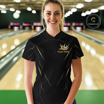 Black and Gold Bowling Shirts for Women Custom Bowling Team Jersey for Bowlers Polo & 1/4 Zip HNT529