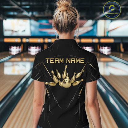 Black and Gold Bowling Shirts for Women Custom Bowling Team Jersey for Bowlers Polo & 1/4 Zip HNT529
