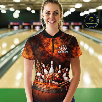 Custom Bourbon Bowling Shirts for Women Funny Bowling Team Jersey Bowling Polo & 1/4 Zip HNT670