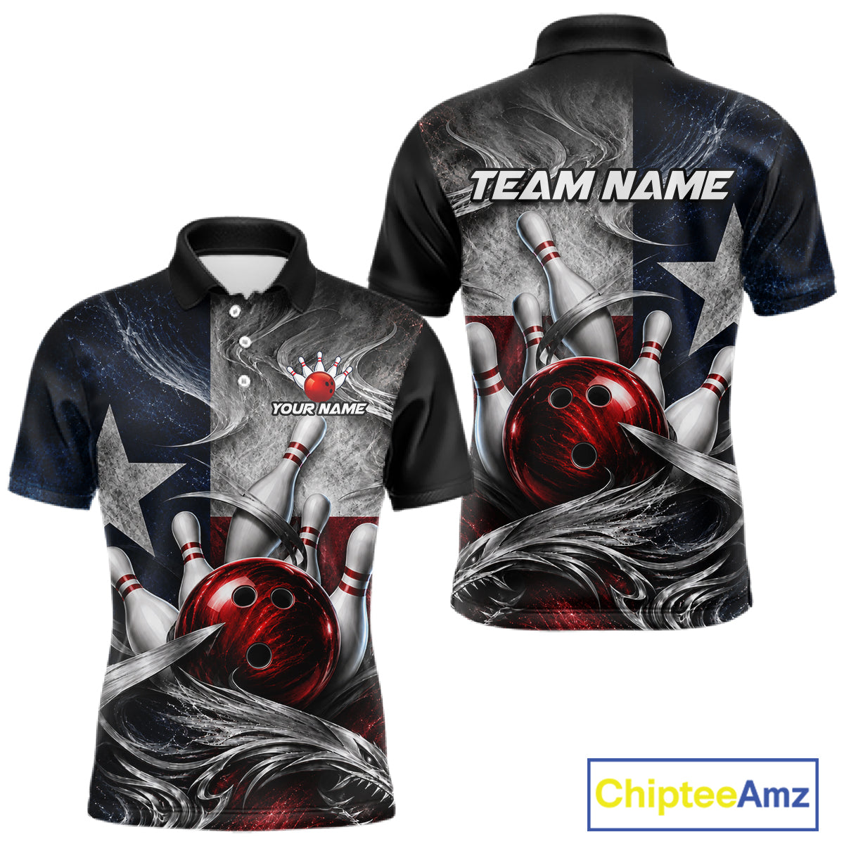 Custom Silver Smoke Texas Flag Bowling Team Shirts Bowling Jersey for Men Bowling League HNT448