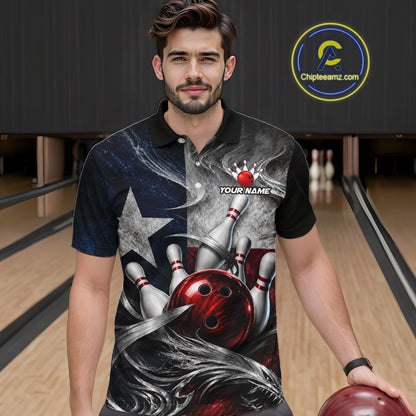 Custom Silver Smoke Texas Flag Bowling Team Shirts Bowling Jersey for Men Bowling League HNT448