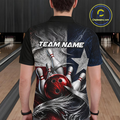Custom Silver Smoke Texas Flag Bowling Team Shirts Bowling Jersey for Men Bowling League HNT448