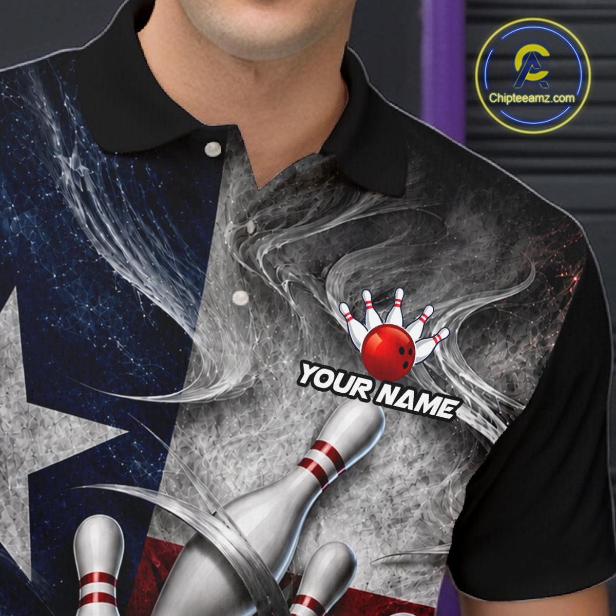 Custom Silver Smoke Texas Flag Bowling Team Shirts Bowling Jersey for Men Bowling League HNT448
