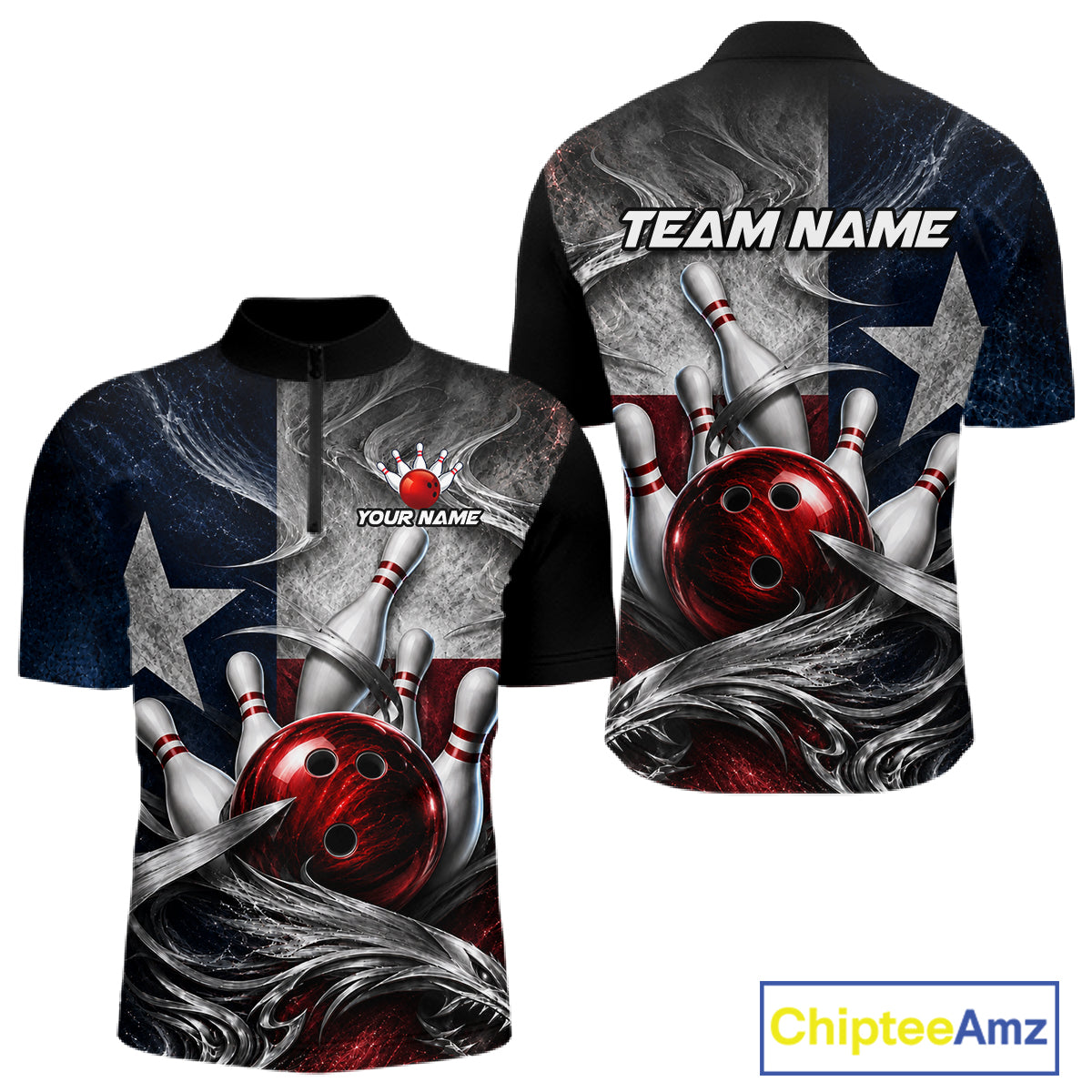Custom Silver Smoke Texas Flag Bowling Team Shirts Bowling Jersey for Men Bowling League HNT448