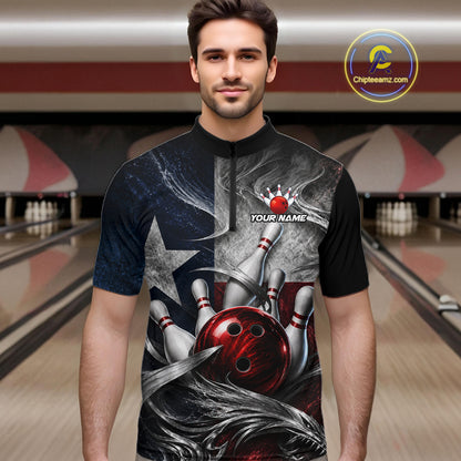 Custom Silver Smoke Texas Flag Bowling Team Shirts Bowling Jersey for Men Bowling League HNT448