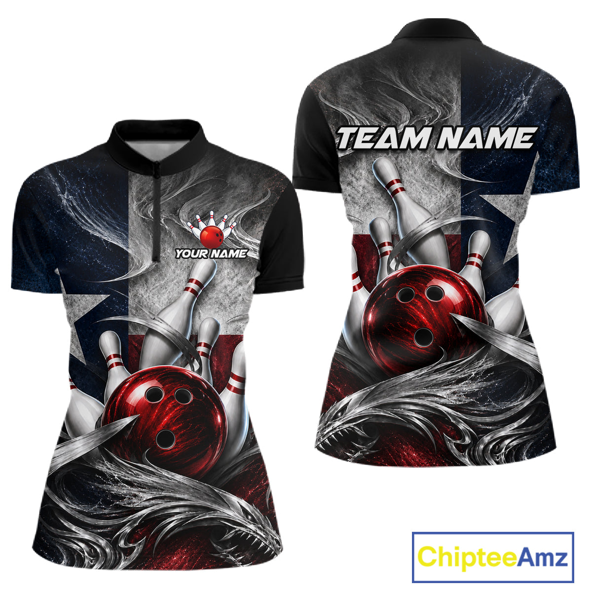 Custom Silver Smoke Texas Flag Bowling Team Shirts Bowling Jersey for Women Bowling League HNT448