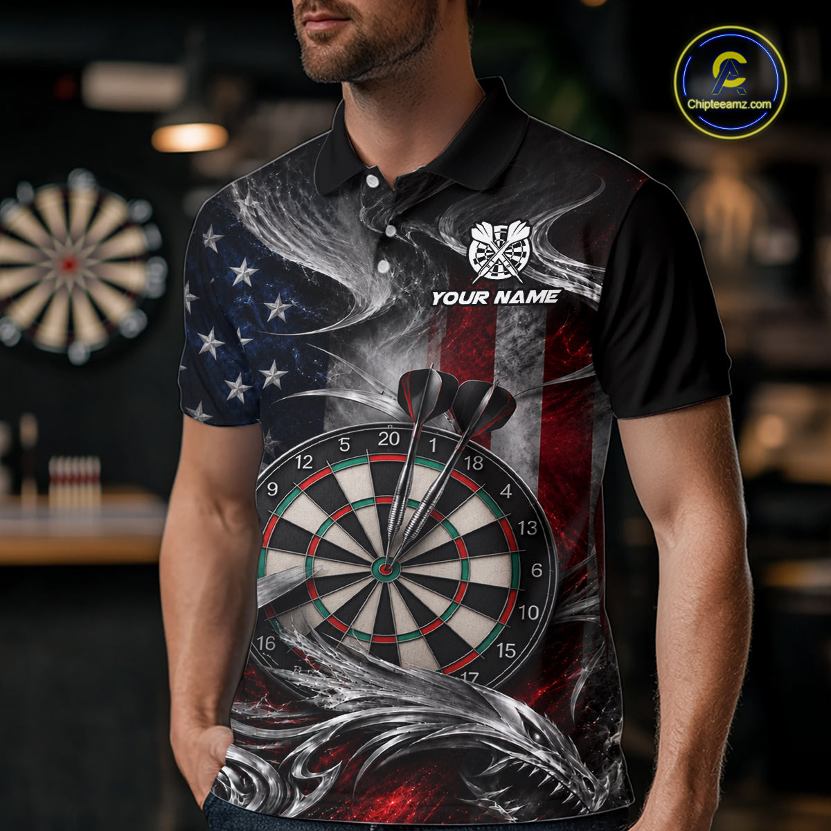 Custom Sliver Smoke American Flag Darts Shirt for Men Darts Team Jerseys Dartboard Shirt NNT304
