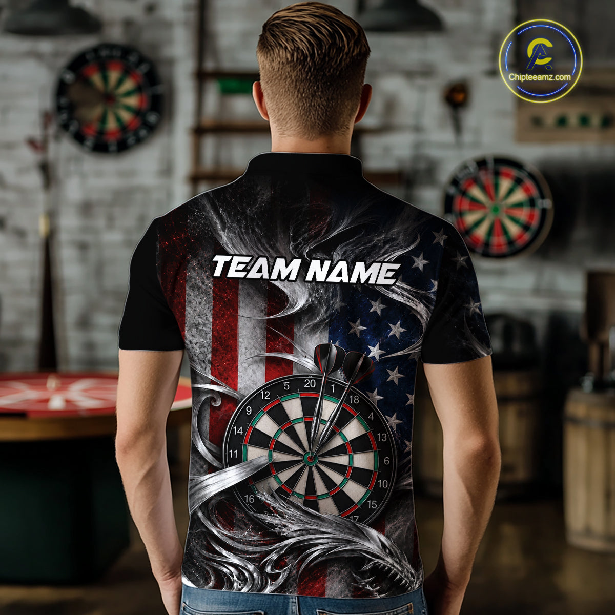 Custom Sliver Smoke American Flag Darts Shirt for Men Darts Team Jerseys Dartboard Shirt NNT304
