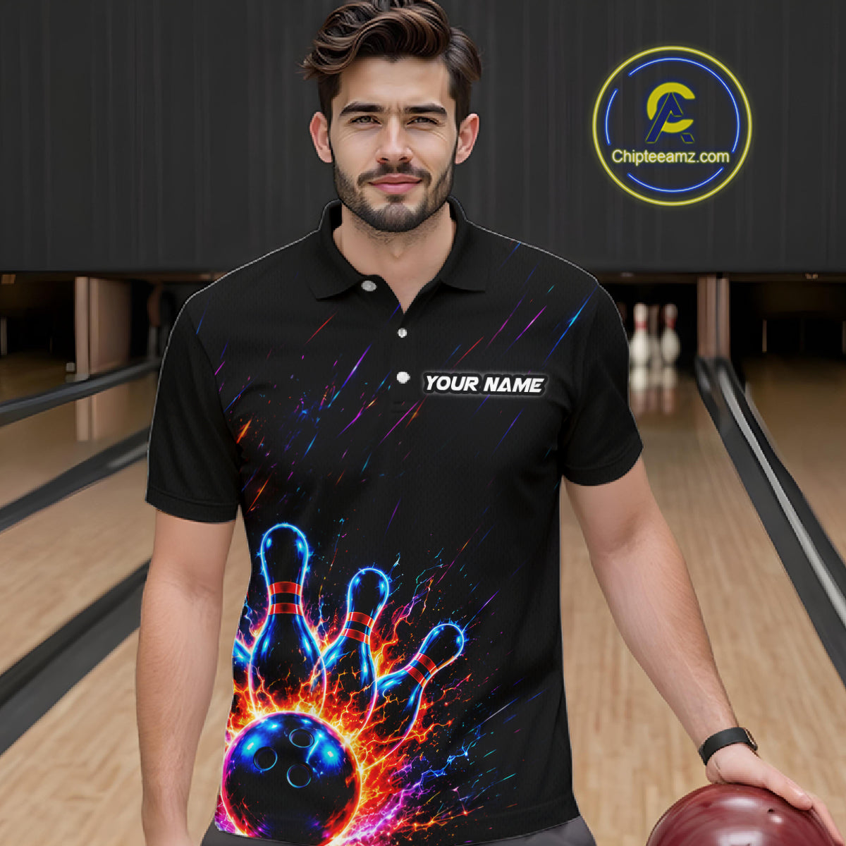 Fire and Neon Strike Bowling Shirts for Men Custom Bowling Team Jersey Polo & 1/4 Zip HNT530