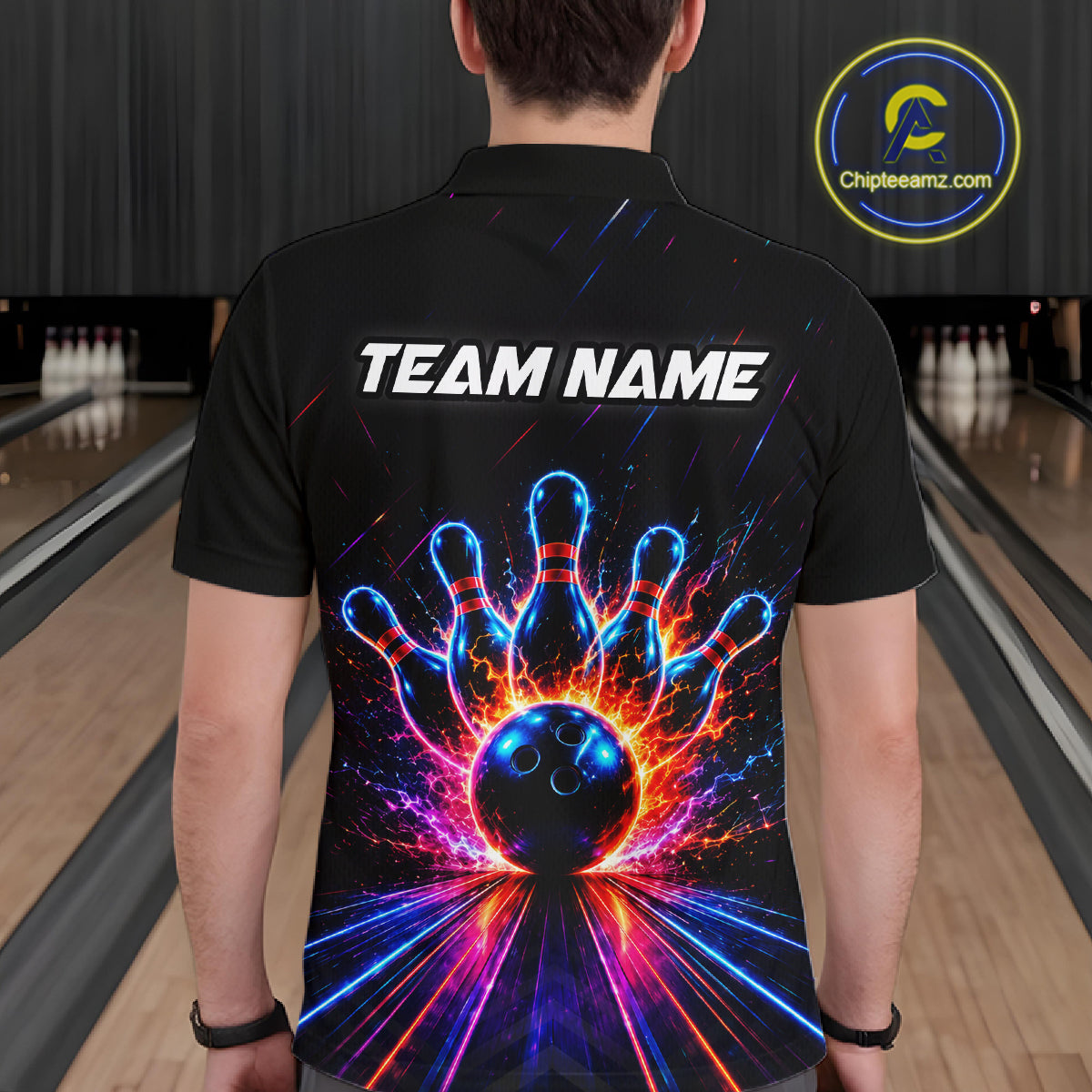 Fire and Neon Strike Bowling Shirts for Men Custom Bowling Team Jersey Polo & 1/4 Zip HNT530