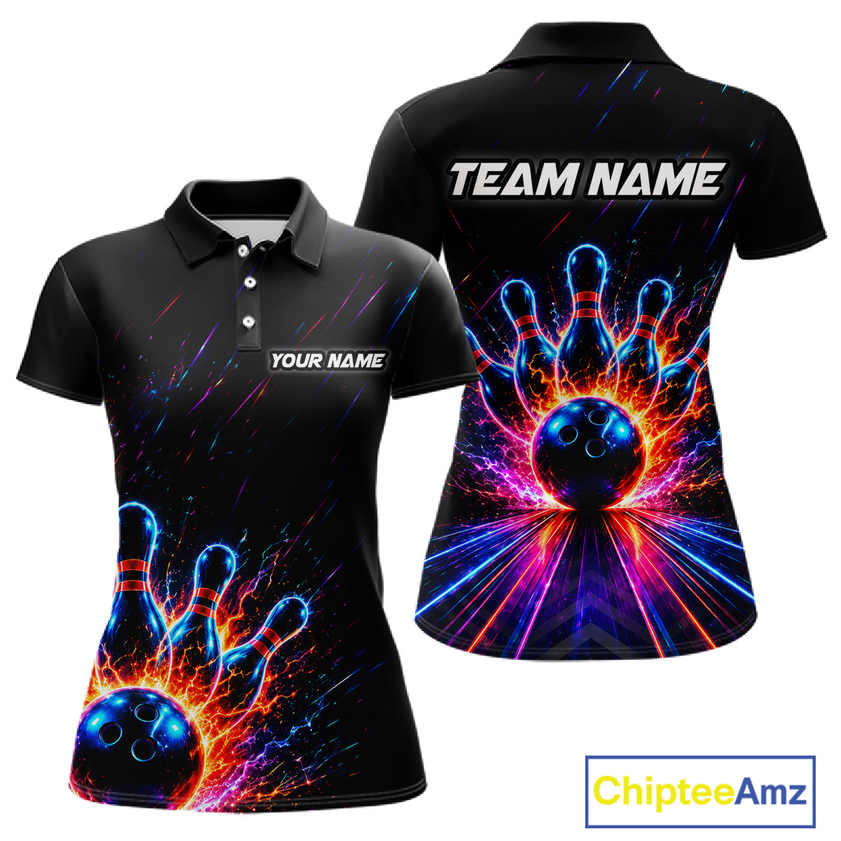 Fire and Neon Strike Bowling Shirts for Women Custom Bowling Team Jersey Polo & 1/4 Zip HNT530