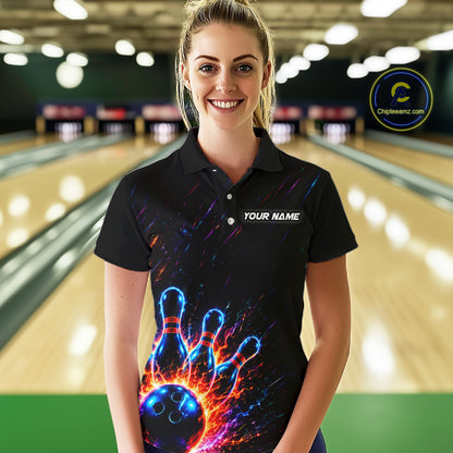Fire and Neon Strike Bowling Shirts for Women Custom Bowling Team Jersey Polo & 1/4 Zip HNT530