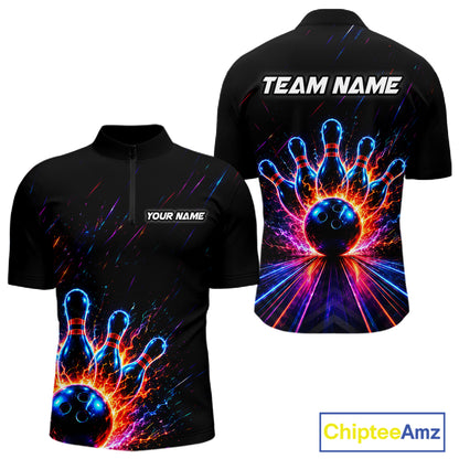 Fire and Neon Strike Bowling Shirts for Men Custom Bowling Team Jersey Polo & 1/4 Zip HNT530