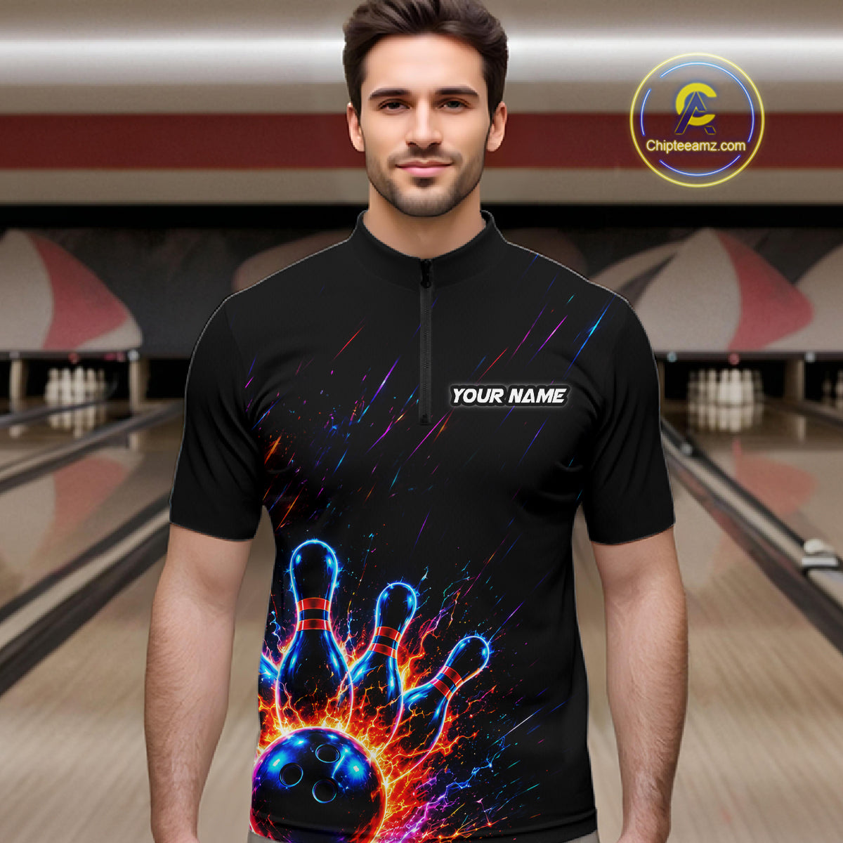 Fire and Neon Strike Bowling Shirts for Men Custom Bowling Team Jersey Polo & 1/4 Zip HNT530