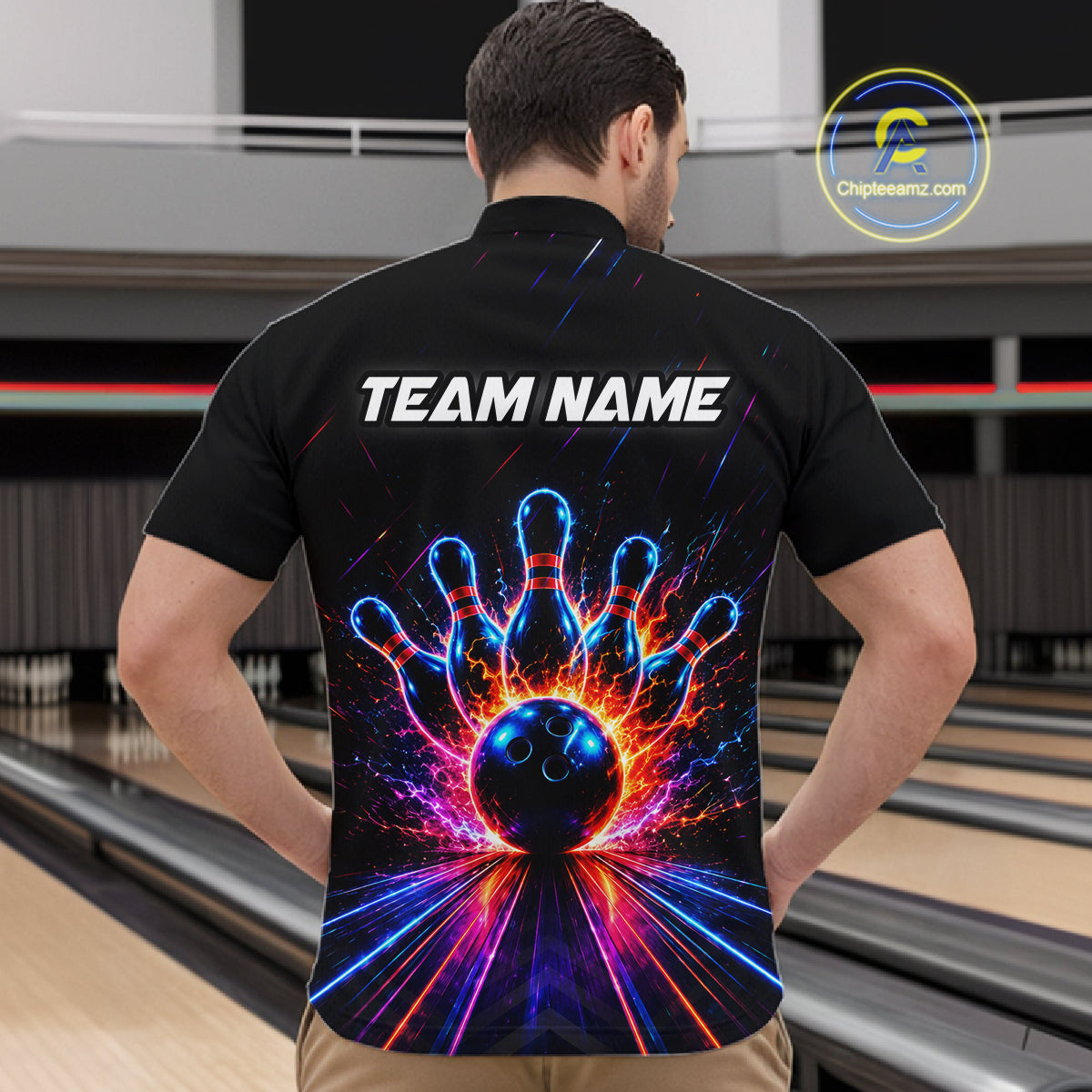 Fire and Neon Strike Bowling Shirts for Men Custom Bowling Team Jersey Polo & 1/4 Zip HNT530