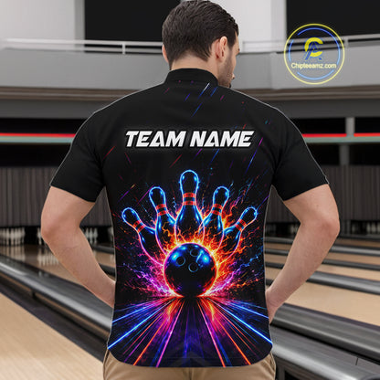 Fire and Neon Strike Bowling Shirts for Men Custom Bowling Team Jersey Polo & 1/4 Zip HNT530