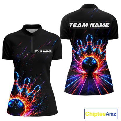 Fire and Neon Strike Bowling Shirts for Women Custom Bowling Team Jersey Polo & 1/4 Zip HNT530