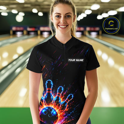 Fire and Neon Strike Bowling Shirts for Women Custom Bowling Team Jersey Polo & 1/4 Zip HNT530