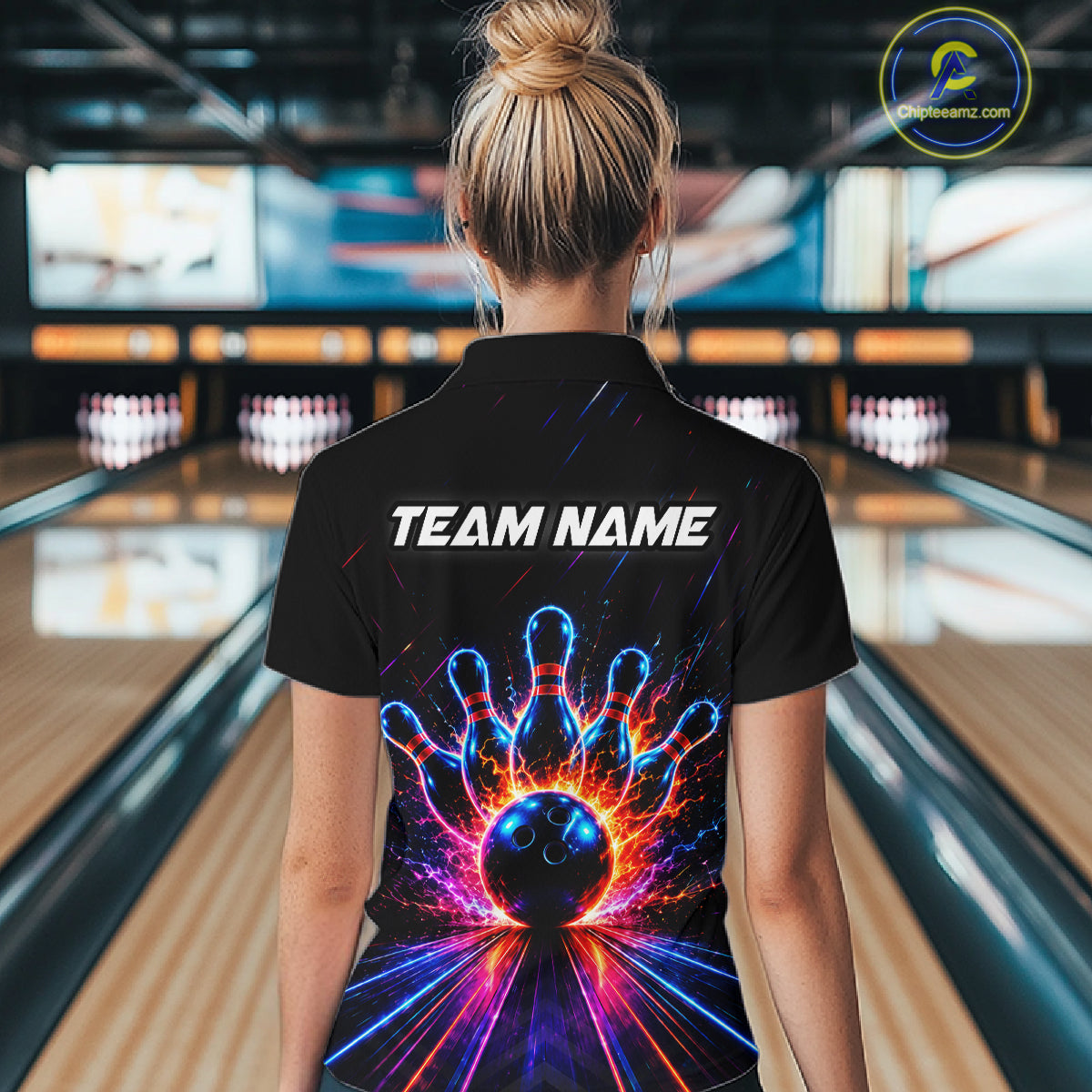 Fire and Neon Strike Bowling Shirts for Women Custom Bowling Team Jersey Polo & 1/4 Zip HNT530