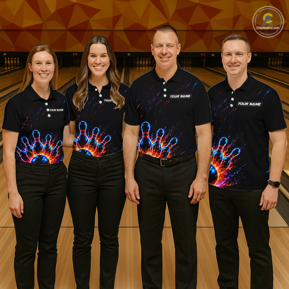 Fire and Neon Strike Bowling Shirts for Men Custom Bowling Team Jersey Polo & 1/4 Zip HNT530