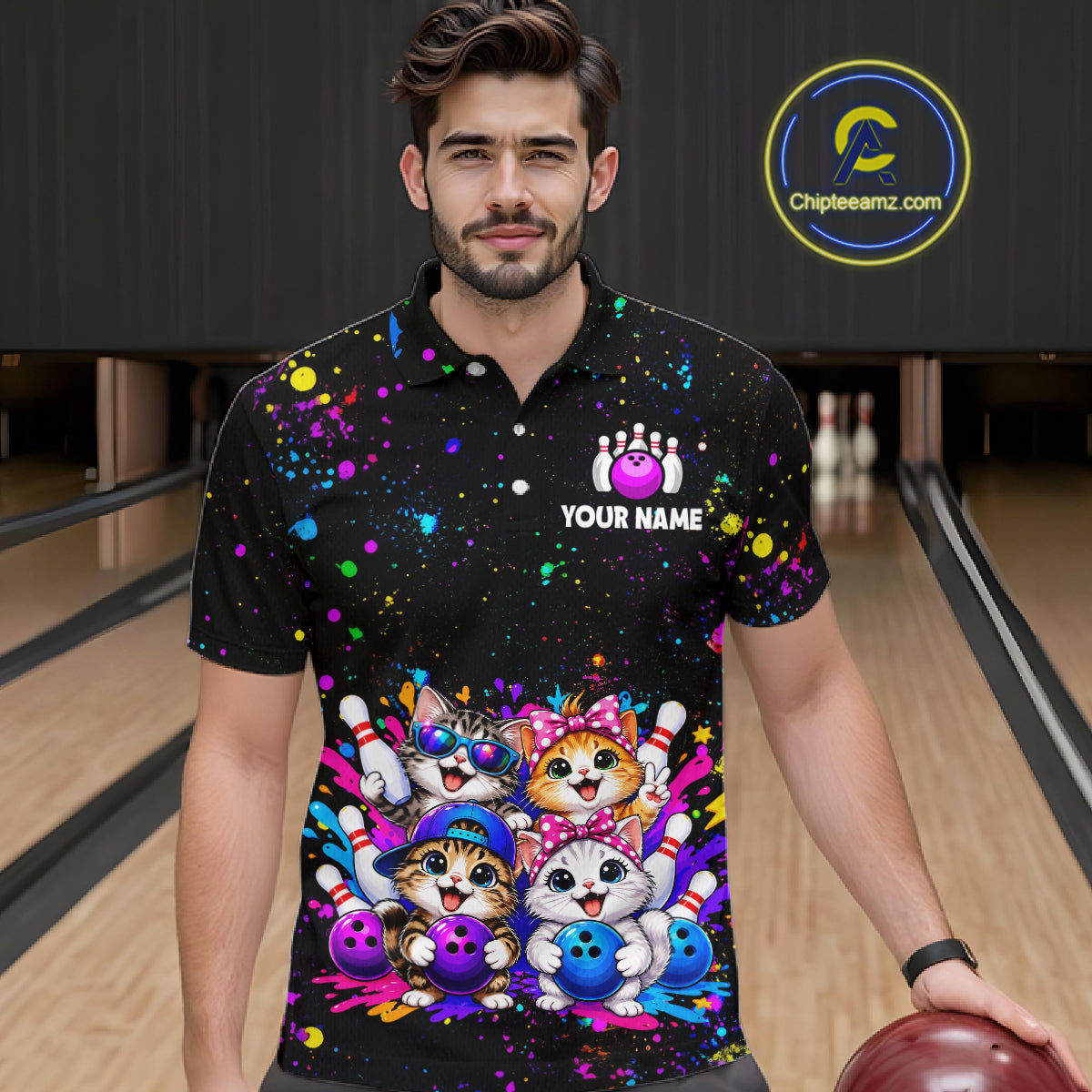 Custom Colorful Funny Cat Bowling Jersey for Men Bowling League Bowling Team Shirts HNT613