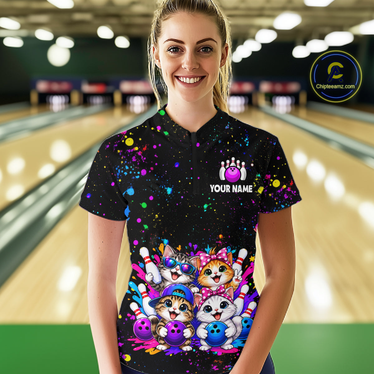 Custom Colorful Funny Cat Bowling Jersey for Women Bowling League Bowling Team Shirts HNT613