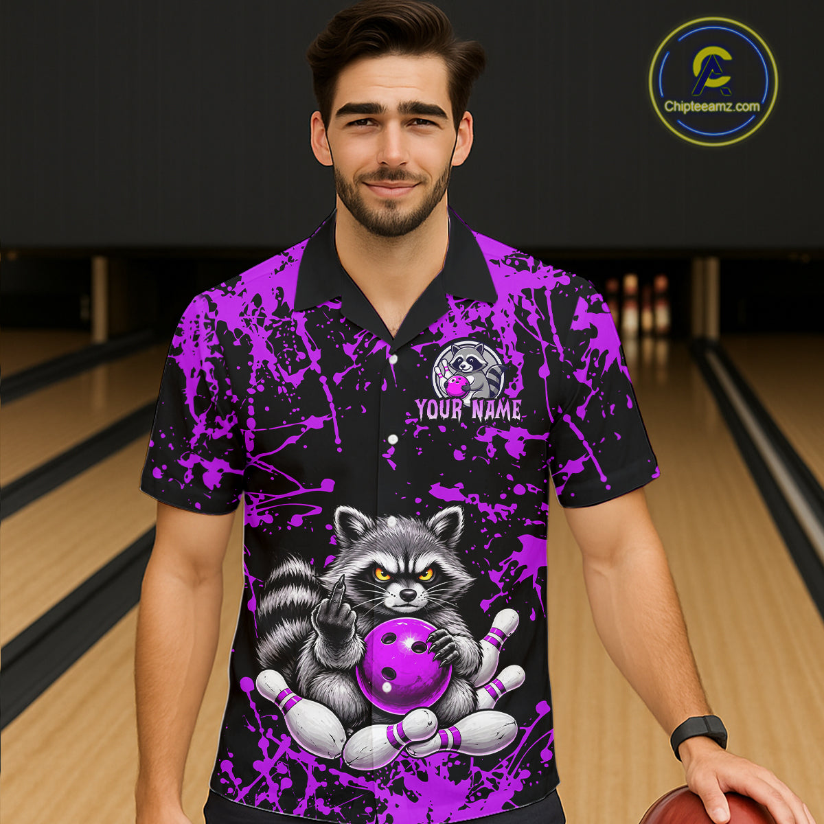 Purple Funny Raccoon Bowling Shirt, Custom Raccoon Hawaiian Bowling Team Jersey for Men Women HNT675