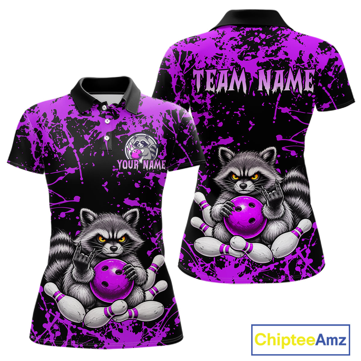 Custom short-sleeve polo shirt shown from the front and back, featuring a raccoon holding a purple bowling ball on a black and purple splatter background, with 'TEAM NAME' and 'YOUR NAME' placeholder text.
